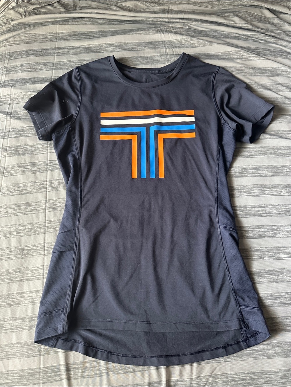 Tory Burch Women's Navy Short-Sleeve Active Tee with Orange & Blue Stripe Logo